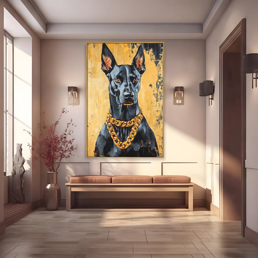 Tablou Canvas Premium, LuxCanva® M1288, Cavalerul Noptii, Doberman, Caine, Lant, Auriu, Negru, Portret, Protector, Paznic, Puternic, Nobil, Alfa, Birou, Living, Camera Copil