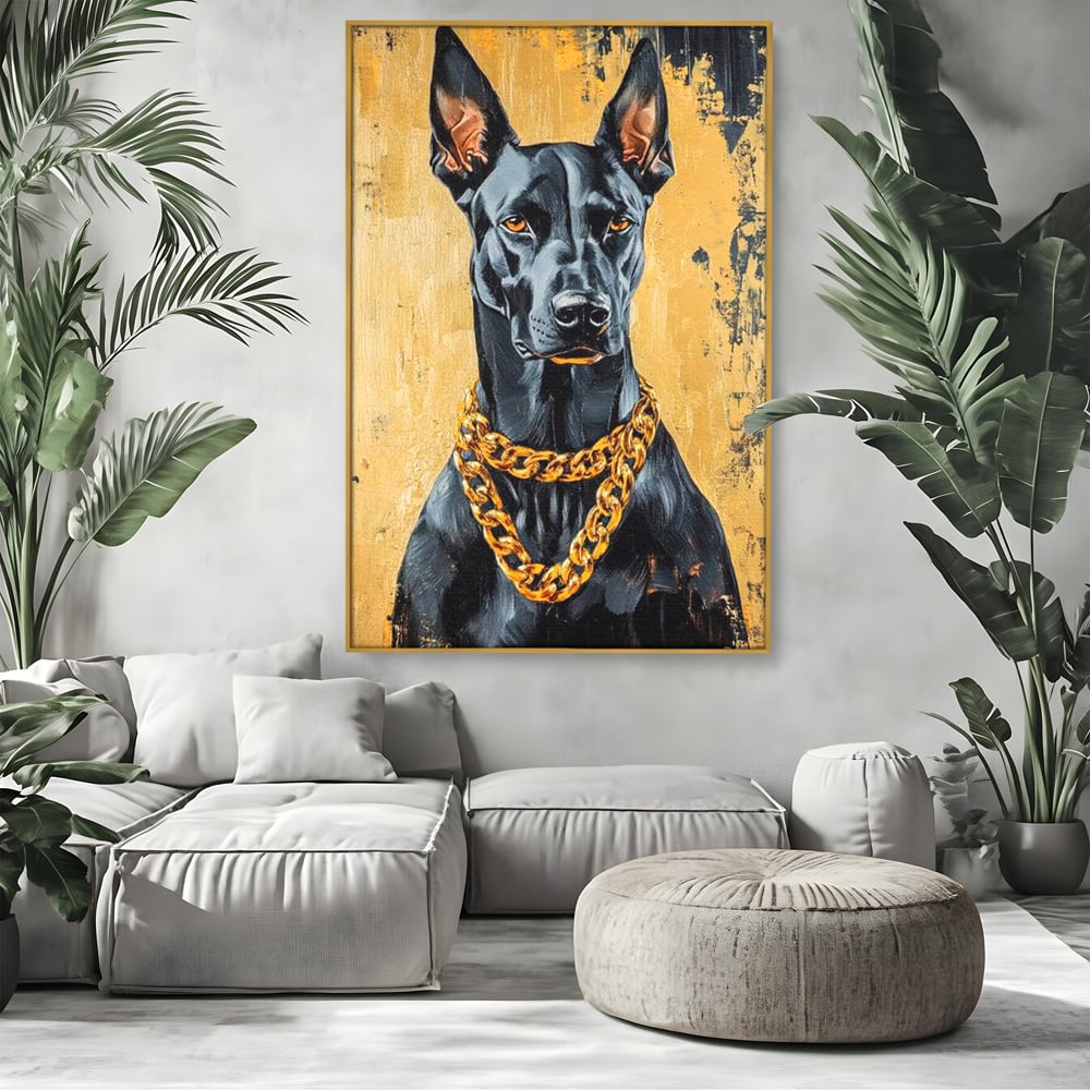 Tablou Canvas Premium, LuxCanva® M1288, Cavalerul Noptii, Doberman, Caine, Lant, Auriu, Negru, Portret, Protector, Paznic, Puternic, Nobil, Alfa, Birou, Living, Camera Copil