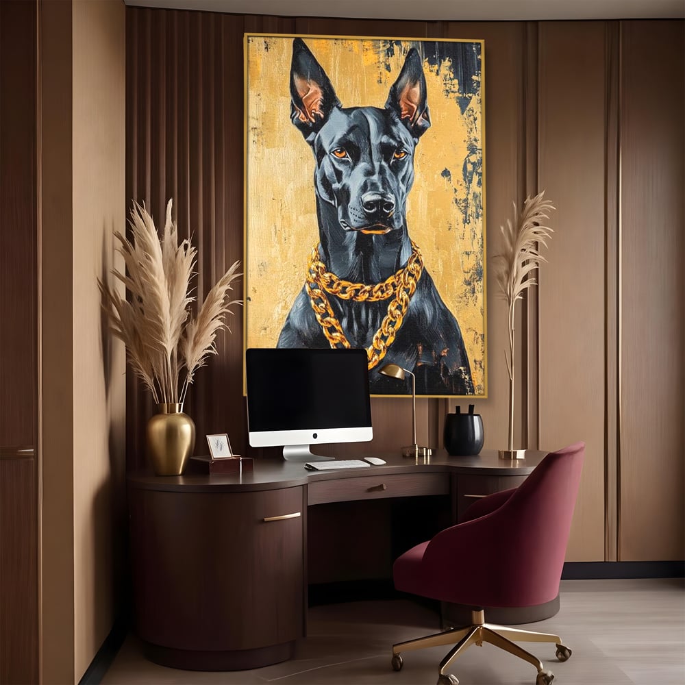 Tablou Canvas Premium, LuxCanva® M1288, Cavalerul Noptii, Doberman, Caine, Lant, Auriu, Negru, Portret, Protector, Paznic, Puternic, Nobil, Alfa, Birou, Living, Camera Copil