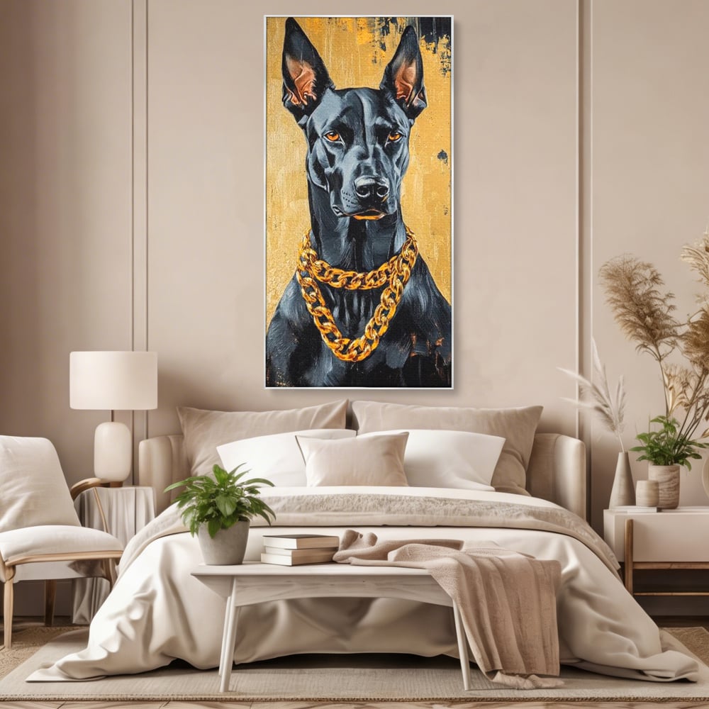 Tablou Canvas Premium, LuxCanva® M1288, Cavalerul Noptii, Doberman, Caine, Lant, Auriu, Negru, Portret, Protector, Paznic, Puternic, Nobil, Alfa, Birou, Living, Camera Copil