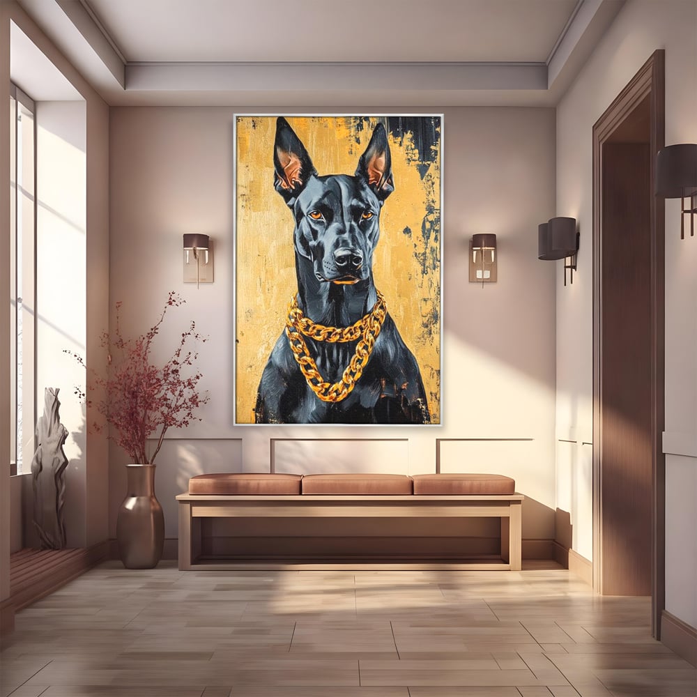 Tablou Canvas Premium, LuxCanva® M1288, Cavalerul Noptii, Doberman, Caine, Lant, Auriu, Negru, Portret, Protector, Paznic, Puternic, Nobil, Alfa, Birou, Living, Camera Copil