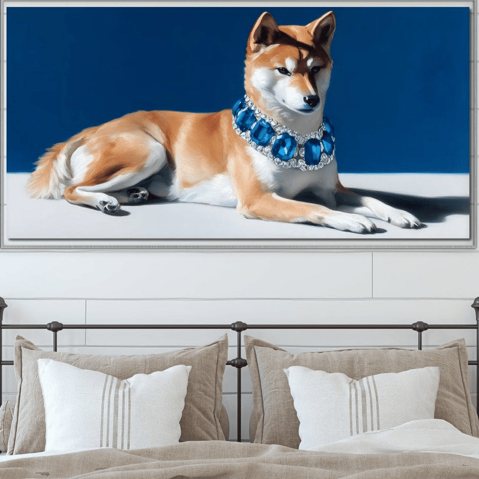 Leinwandbilder Premium, LuxCanva® M1289, Dame Blau, Halskette, Schmuck, Saphir, Diamanten, Hund, Porträt, Weiblich, Königlich, Gemälde, Entspannend, Entspannend, Schimmernd, Büro, Wohnen, Kinderzimmer