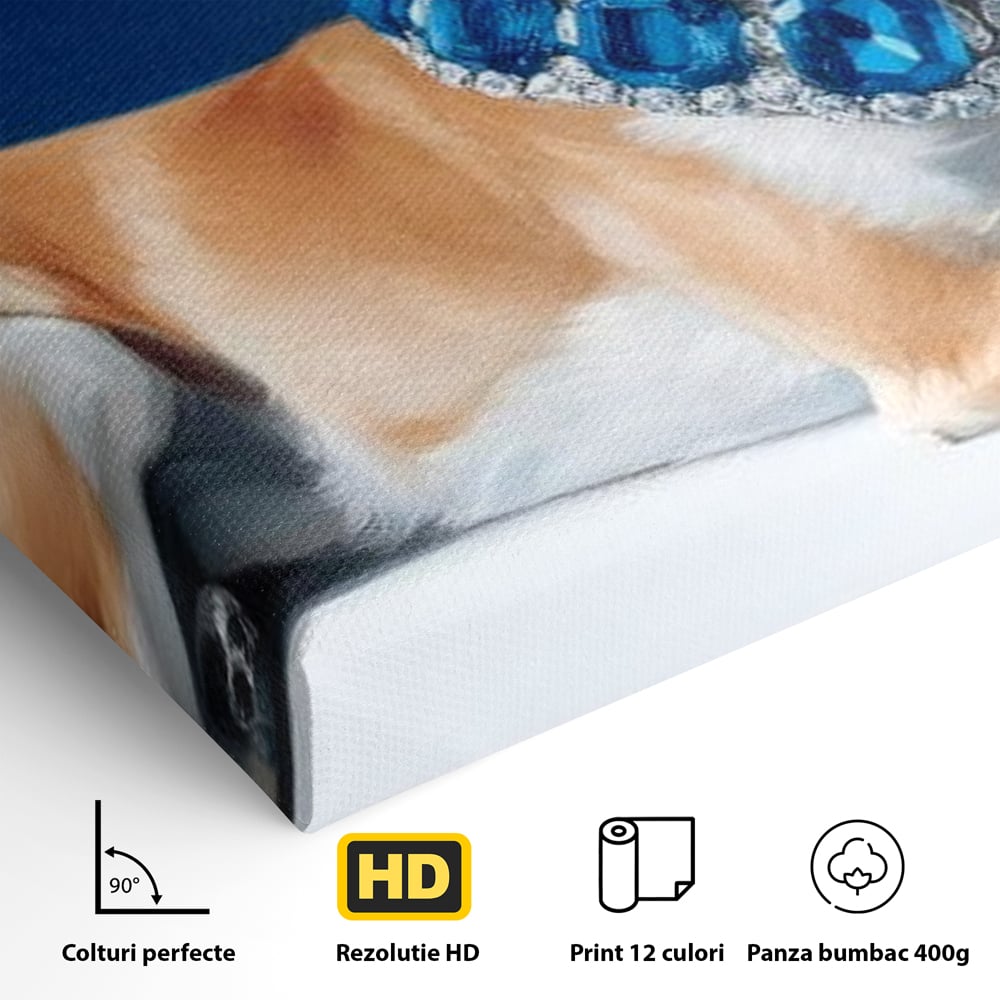 Tablou Canvas Premium, LuxCanva® M1289, Lady Blue, Colier, Bijuterie, Safir, Diamante, Caine, Portret, Feminin, Regal, Pictura, Relaxare, Stralucire, Birou, Living, Camera Copil