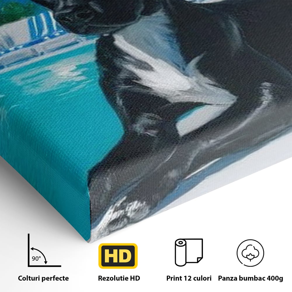 Tablou Canvas Premium, LuxCanva® M1290, Un Prieten la Piscina, Vacanta, Piscina, Relaxare, Tropical, Pictura, Vara, Soare, Caine, Plante, Sezlong, Birou, Living, Camera Copil