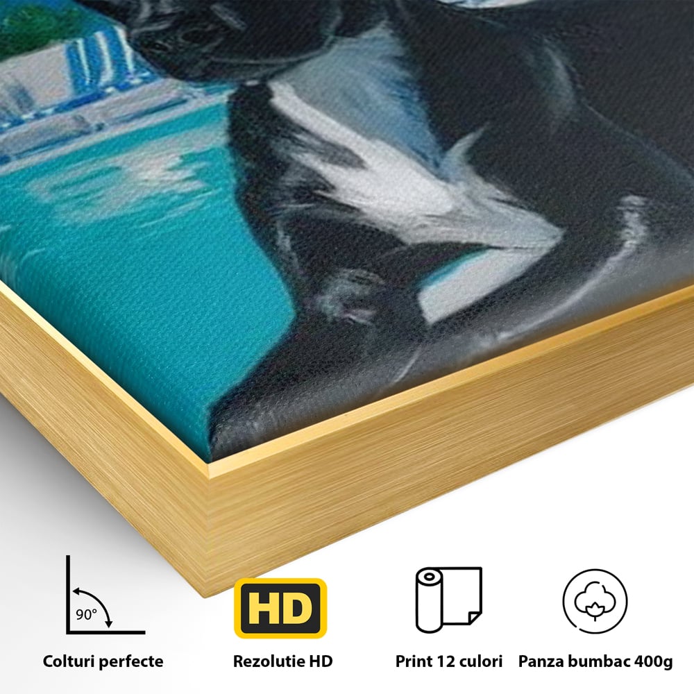 Tablou Canvas Premium, LuxCanva® M1290, Un Prieten la Piscina, Vacanta, Piscina, Relaxare, Tropical, Pictura, Vara, Soare, Caine, Plante, Sezlong, Birou, Living, Camera Copil