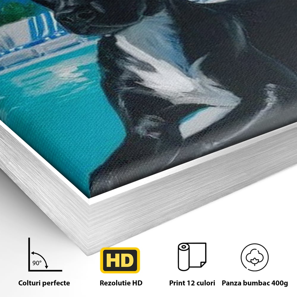 Tablou Canvas Premium, LuxCanva® M1290, Un Prieten la Piscina, Vacanta, Piscina, Relaxare, Tropical, Pictura, Vara, Soare, Caine, Plante, Sezlong, Birou, Living, Camera Copil