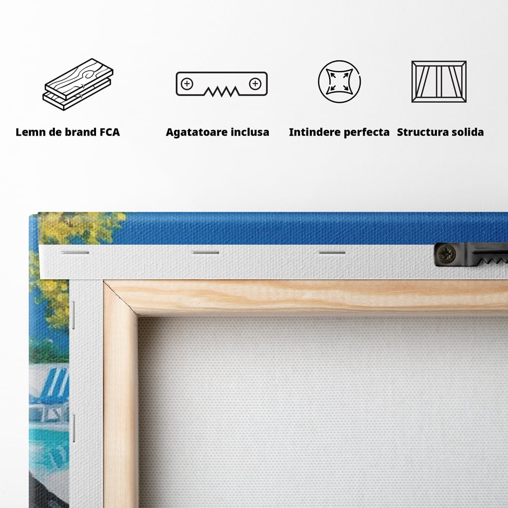 Tablou Canvas Premium, LuxCanva® M1290, Un Prieten la Piscina, Vacanta, Piscina, Relaxare, Tropical, Pictura, Vara, Soare, Caine, Plante, Sezlong, Birou, Living, Camera Copil
