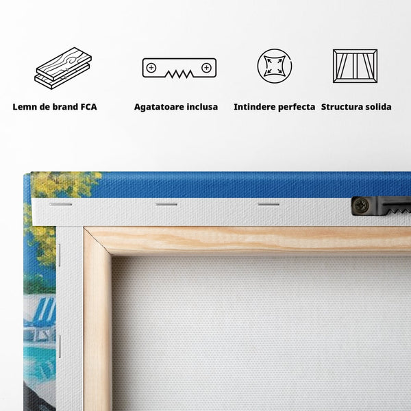 Tablou Canvas Premium, LuxCanva® M1290, Un Prieten la Piscina, Vacanta, Piscina, Relaxare, Tropical, Pictura, Vara, Soare, Caine, Plante, Sezlong, Birou, Living, Camera Copil
