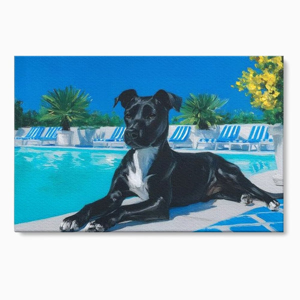 Leinwand Premium Canvas Wandkunst, LuxCanva® M1290, Ein Freund am Pool, Urlaub, Pool, entspannend, tropisch, Malerei, Sommer, Sonne, Hund, Pflanzen, Sonnenliege, Büro, Wohnen, Kinderzimmer