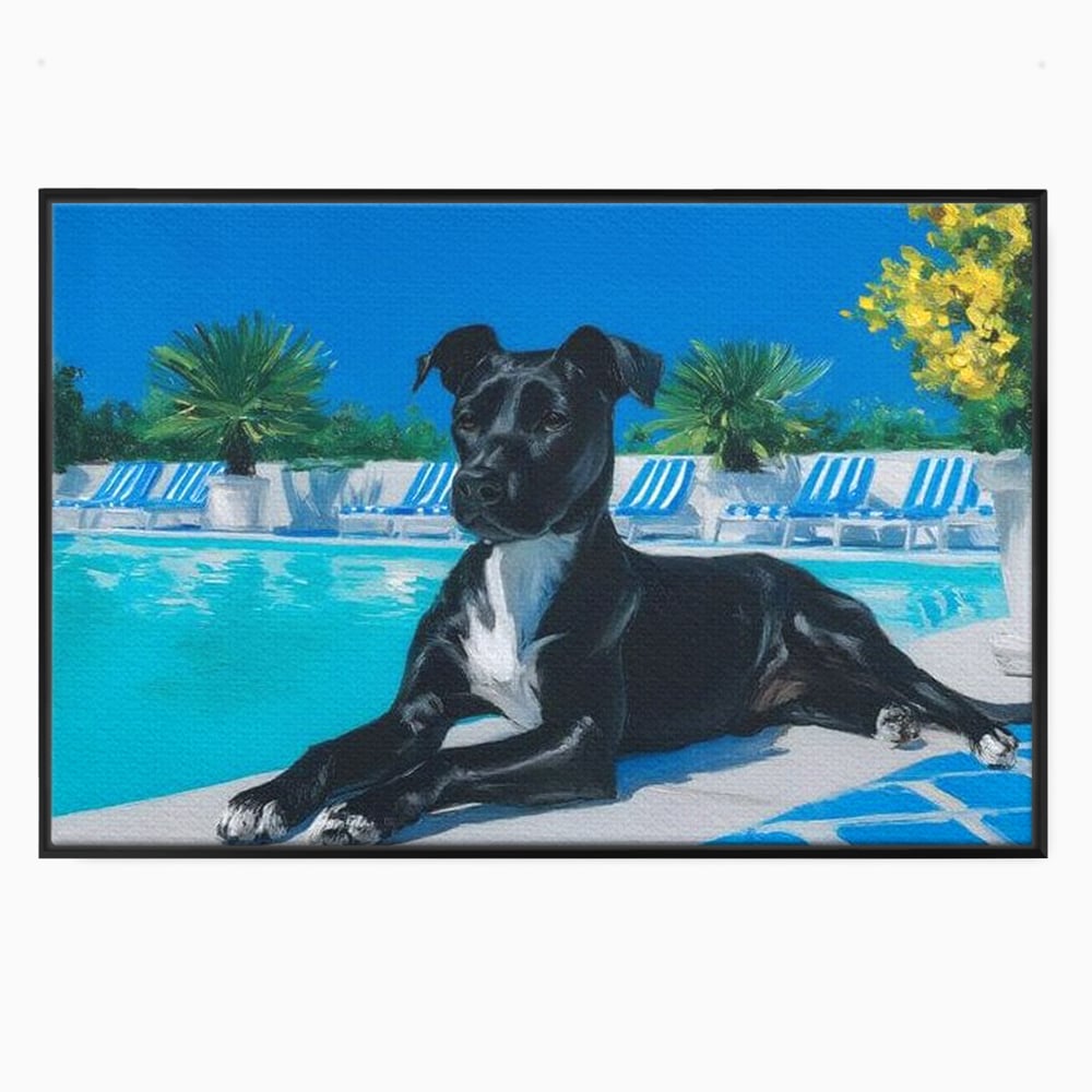 Tablou Canvas Premium, LuxCanva® M1290, Un Prieten la Piscina, Vacanta, Piscina, Relaxare, Tropical, Pictura, Vara, Soare, Caine, Plante, Sezlong, Birou, Living, Camera Copil