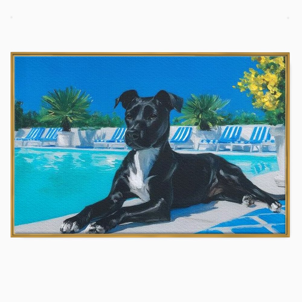 Tablou Canvas Premium, LuxCanva® M1290, Un Prieten la Piscina, Vacanta, Piscina, Relaxare, Tropical, Pictura, Vara, Soare, Caine, Plante, Sezlong, Birou, Living, Camera Copil