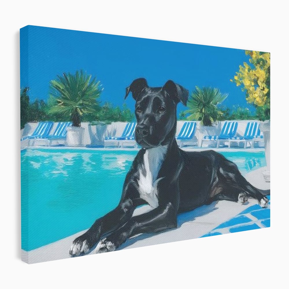 Leinwand Premium Canvas Wandkunst, LuxCanva® M1290, Ein Freund am Pool, Urlaub, Pool, entspannend, tropisch, Malerei, Sommer, Sonne, Hund, Pflanzen, Sonnenliege, Büro, Wohnen, Kinderzimmer