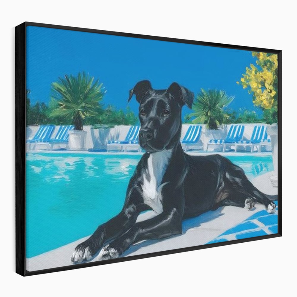 Tablou Canvas Premium, LuxCanva® M1290, Un Prieten la Piscina, Vacanta, Piscina, Relaxare, Tropical, Pictura, Vara, Soare, Caine, Plante, Sezlong, Birou, Living, Camera Copil