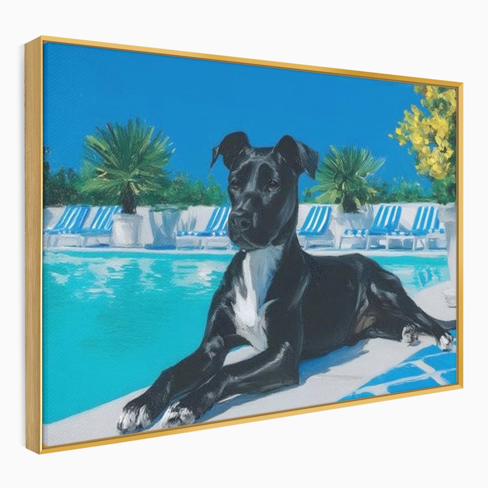 Tablou Canvas Premium, LuxCanva® M1290, Un Prieten la Piscina, Vacanta, Piscina, Relaxare, Tropical, Pictura, Vara, Soare, Caine, Plante, Sezlong, Birou, Living, Camera Copil