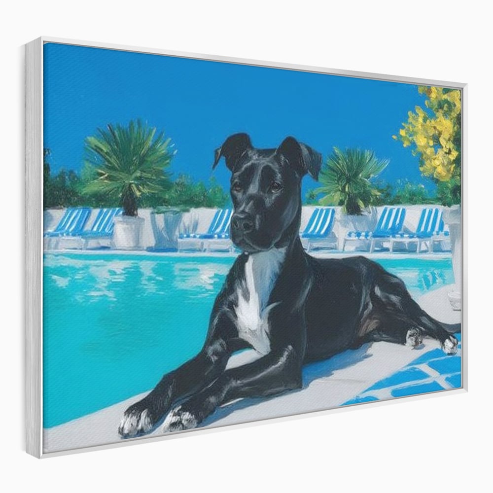 Tablou Canvas Premium, LuxCanva® M1290, Un Prieten la Piscina, Vacanta, Piscina, Relaxare, Tropical, Pictura, Vara, Soare, Caine, Plante, Sezlong, Birou, Living, Camera Copil