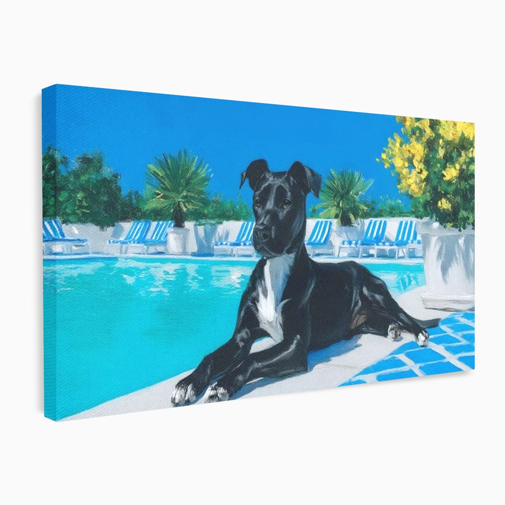 Tablou Canvas Premium, LuxCanva® M1290, Un Prieten la Piscina, Vacanta, Piscina, Relaxare, Tropical, Pictura, Vara, Soare, Caine, Plante, Sezlong, Birou, Living, Camera Copil