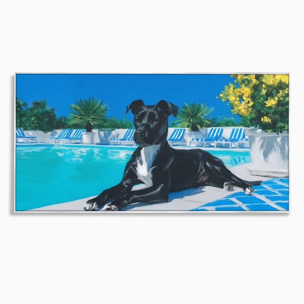 Tablou Canvas Premium, LuxCanva® M1290, Un Prieten la Piscina, Vacanta, Piscina, Relaxare, Tropical, Pictura, Vara, Soare, Caine, Plante, Sezlong, Birou, Living, Camera Copil
