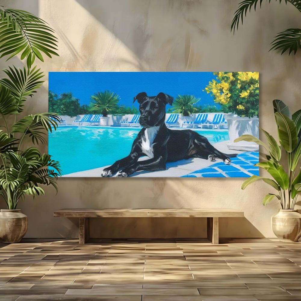 Tablou Canvas Premium, LuxCanva® M1290, Un Prieten la Piscina, Vacanta, Piscina, Relaxare, Tropical, Pictura, Vara, Soare, Caine, Plante, Sezlong, Birou, Living, Camera Copil