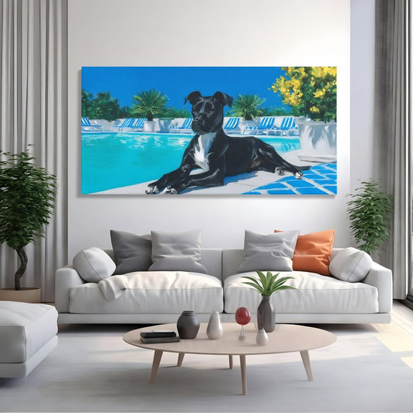 Tablou Canvas Premium, LuxCanva® M1290, Un Prieten la Piscina, Vacanta, Piscina, Relaxare, Tropical, Pictura, Vara, Soare, Caine, Plante, Sezlong, Birou, Living, Camera Copil