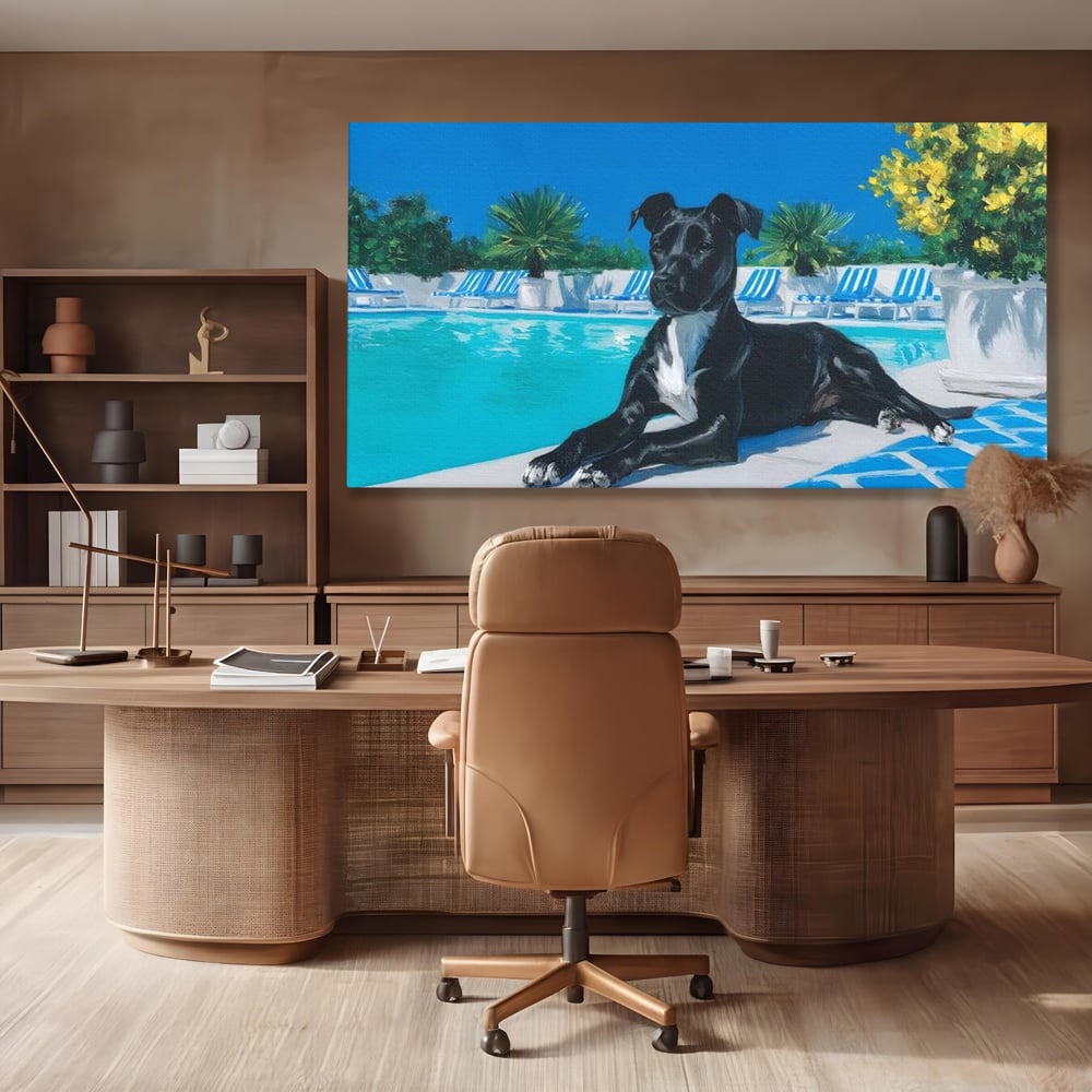 Tablou Canvas Premium, LuxCanva® M1290, Un Prieten la Piscina, Vacanta, Piscina, Relaxare, Tropical, Pictura, Vara, Soare, Caine, Plante, Sezlong, Birou, Living, Camera Copil