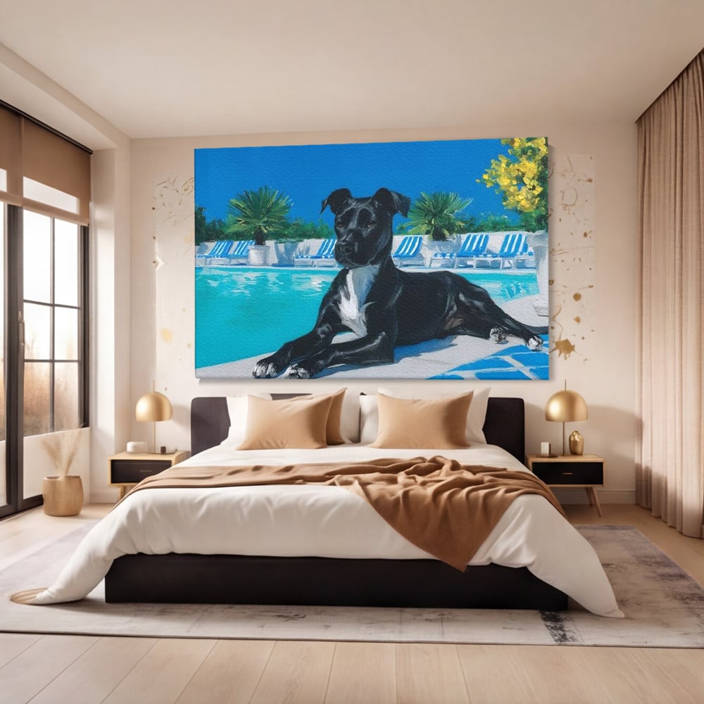 Tablou Canvas Premium, LuxCanva® M1290, Un Prieten la Piscina, Vacanta, Piscina, Relaxare, Tropical, Pictura, Vara, Soare, Caine, Plante, Sezlong, Birou, Living, Camera Copil