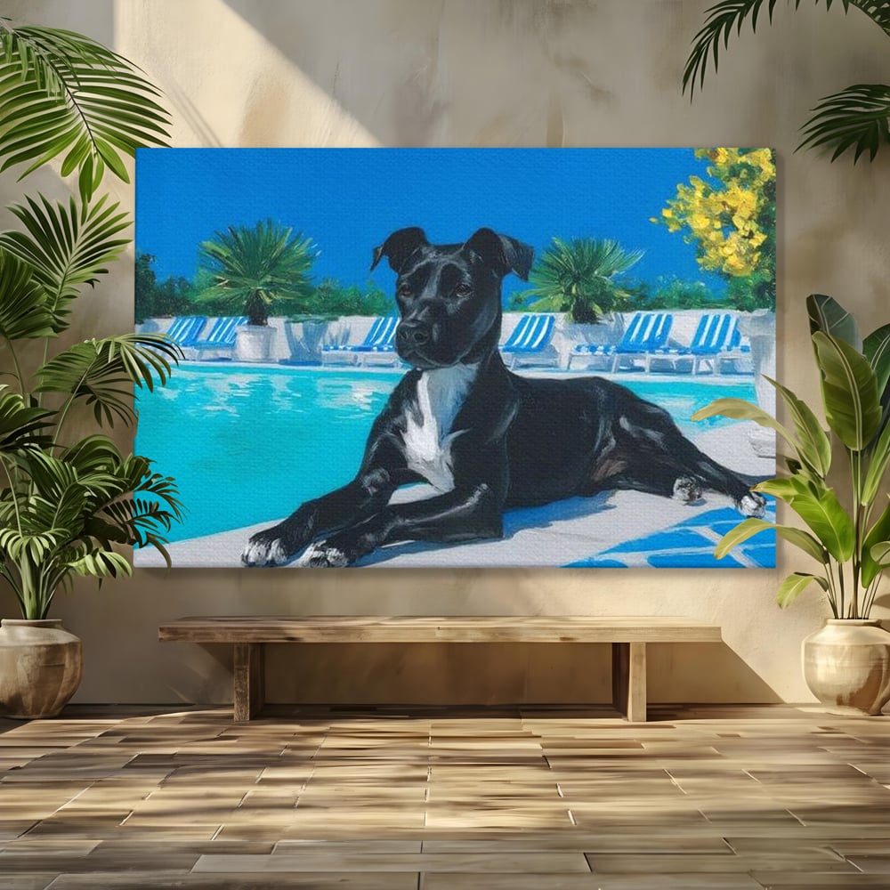 Tablou Canvas Premium, LuxCanva® M1290, Un Prieten la Piscina, Vacanta, Piscina, Relaxare, Tropical, Pictura, Vara, Soare, Caine, Plante, Sezlong, Birou, Living, Camera Copil