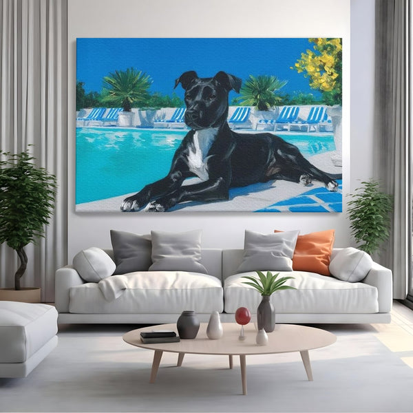 Leinwand Premium Canvas Wandkunst, LuxCanva® M1290, Ein Freund am Pool, Urlaub, Pool, entspannend, tropisch, Malerei, Sommer, Sonne, Hund, Pflanzen, Sonnenliege, Büro, Wohnen, Kinderzimmer