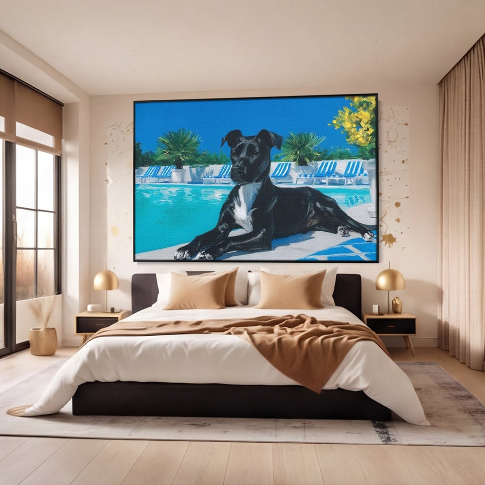 Tablou Canvas Premium, LuxCanva® M1290, Un Prieten la Piscina, Vacanta, Piscina, Relaxare, Tropical, Pictura, Vara, Soare, Caine, Plante, Sezlong, Birou, Living, Camera Copil