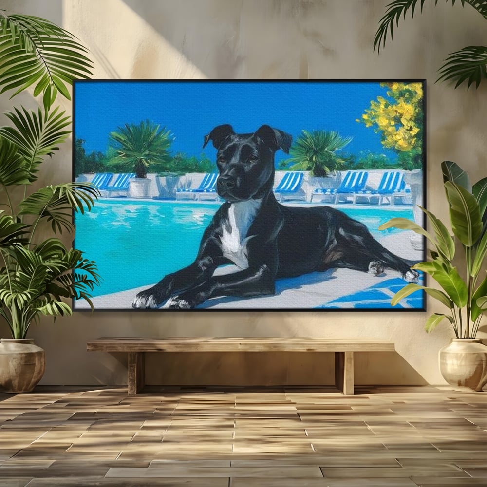 Tablou Canvas Premium, LuxCanva® M1290, Un Prieten la Piscina, Vacanta, Piscina, Relaxare, Tropical, Pictura, Vara, Soare, Caine, Plante, Sezlong, Birou, Living, Camera Copil