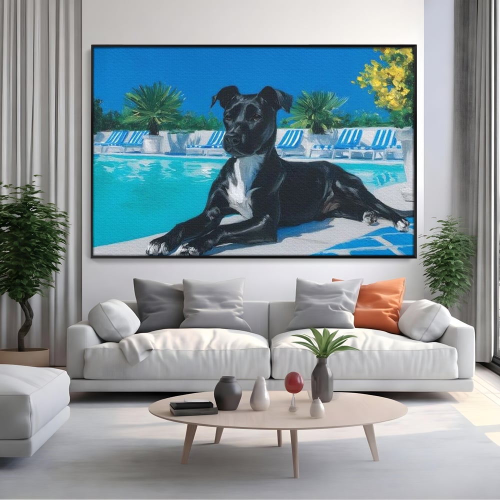 Tablou Canvas Premium, LuxCanva® M1290, Un Prieten la Piscina, Vacanta, Piscina, Relaxare, Tropical, Pictura, Vara, Soare, Caine, Plante, Sezlong, Birou, Living, Camera Copil