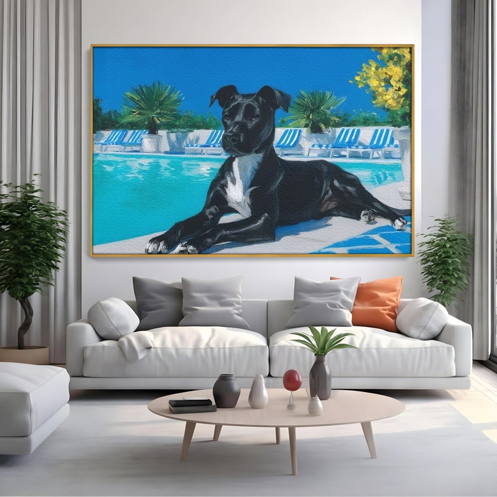 Tablou Canvas Premium, LuxCanva® M1290, Un Prieten la Piscina, Vacanta, Piscina, Relaxare, Tropical, Pictura, Vara, Soare, Caine, Plante, Sezlong, Birou, Living, Camera Copil