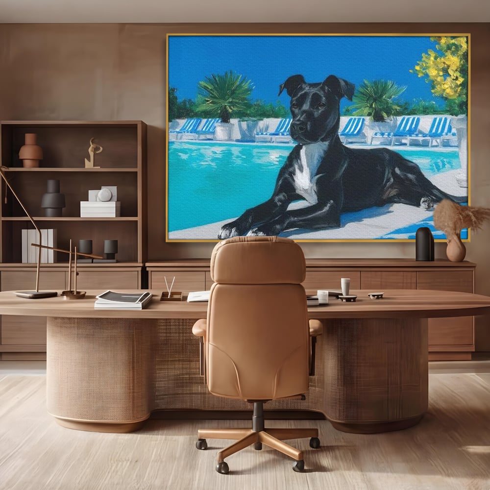 Tablou Canvas Premium, LuxCanva® M1290, Un Prieten la Piscina, Vacanta, Piscina, Relaxare, Tropical, Pictura, Vara, Soare, Caine, Plante, Sezlong, Birou, Living, Camera Copil