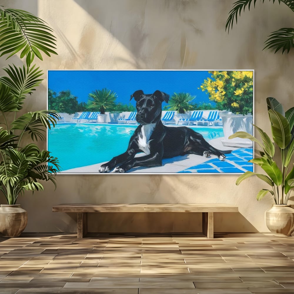 Tablou Canvas Premium, LuxCanva® M1290, Un Prieten la Piscina, Vacanta, Piscina, Relaxare, Tropical, Pictura, Vara, Soare, Caine, Plante, Sezlong, Birou, Living, Camera Copil