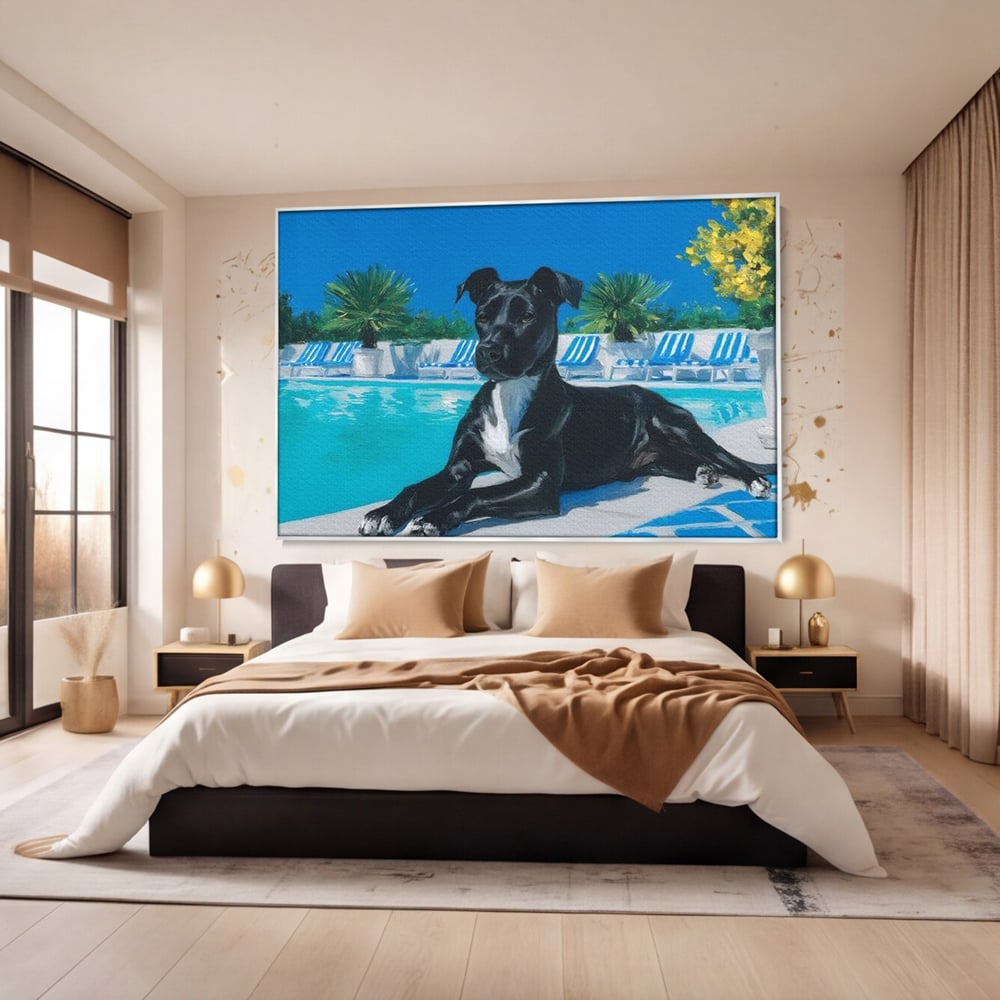 Tablou Canvas Premium, LuxCanva® M1290, Un Prieten la Piscina, Vacanta, Piscina, Relaxare, Tropical, Pictura, Vara, Soare, Caine, Plante, Sezlong, Birou, Living, Camera Copil