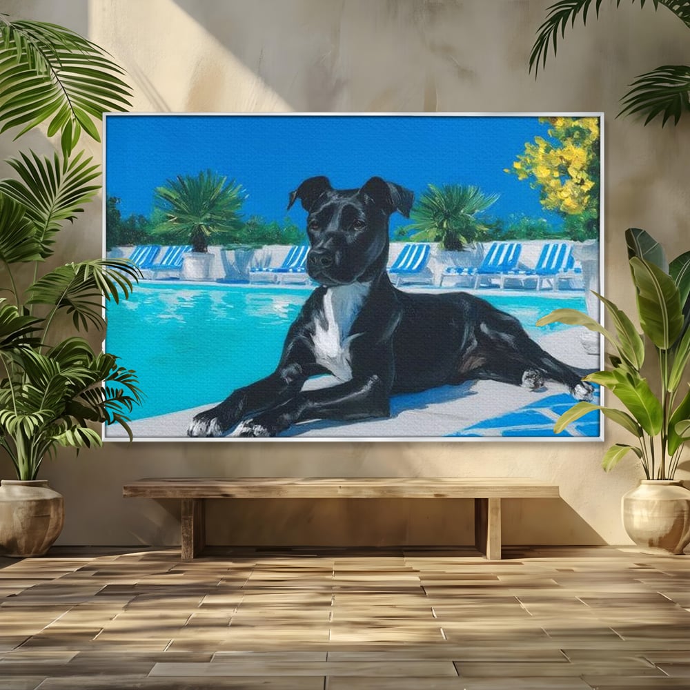 Tablou Canvas Premium, LuxCanva® M1290, Un Prieten la Piscina, Vacanta, Piscina, Relaxare, Tropical, Pictura, Vara, Soare, Caine, Plante, Sezlong, Birou, Living, Camera Copil