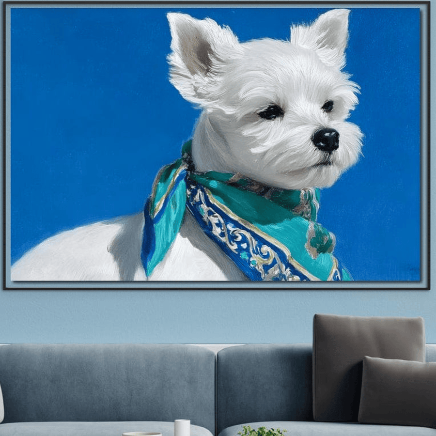 Tabloul LuxCanva® Tablou Canvas Premium "Calatorul cu Esarfa" (M1291) prezintă un câine alb drăguț cu o eșarfă albastru-verde, perfect pentru a adăuga farmec camerei de zi, biroului sau camerei copilului.