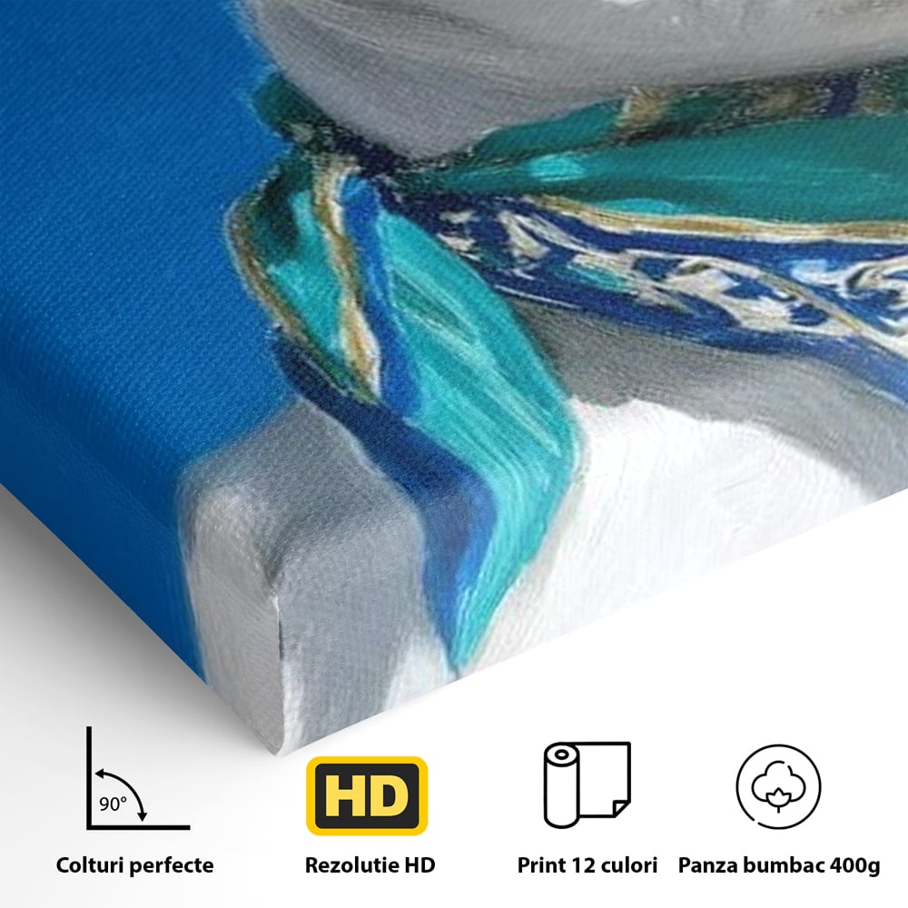 Tablou Canvas Premium, LuxCanva® M1291, Calatorul cu Esarfa, Caine, Alb, Simplitate, Mediteran, Azur, Esarfa, Patruped, Dragalas, Pufos, Pictura, Moda, Birou, Living, Camera Copil