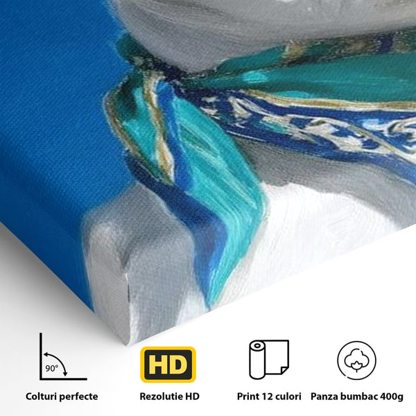 Tablou Canvas Premium, LuxCanva® M1291, Calatorul cu Esarfa, Caine, Alb, Simplitate, Mediteran, Azur, Esarfa, Patruped, Dragalas, Pufos, Pictura, Moda, Birou, Living, Camera Copil