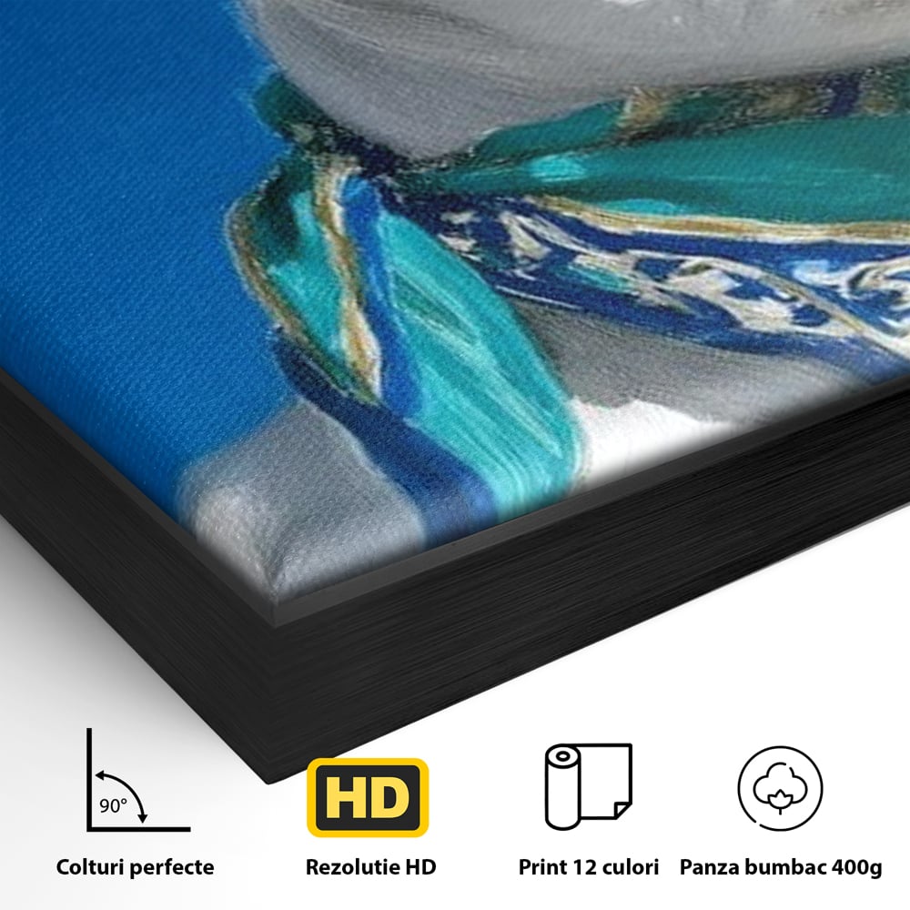 Tablou Canvas Premium, LuxCanva® M1291, Calatorul cu Esarfa, Caine, Alb, Simplitate, Mediteran, Azur, Esarfa, Patruped, Dragalas, Pufos, Pictura, Moda, Birou, Living, Camera Copil