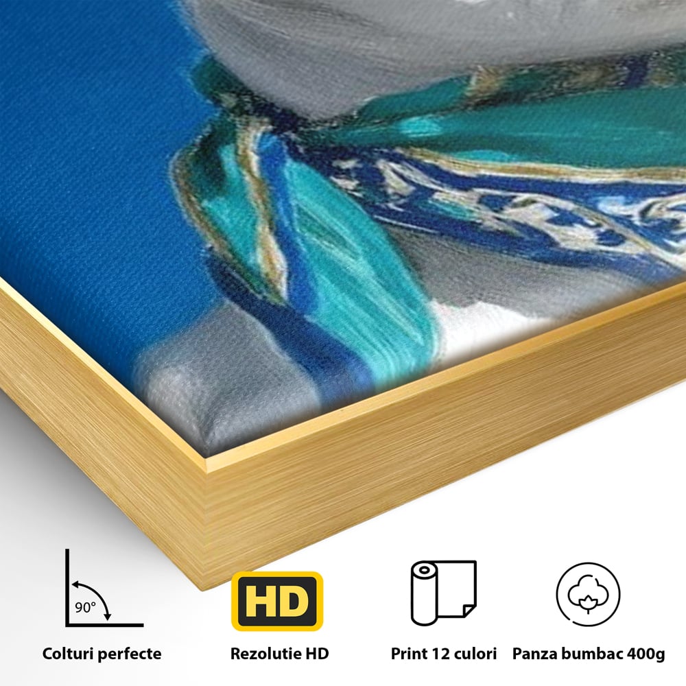 Tablou Canvas Premium, LuxCanva® M1291, Calatorul cu Esarfa, Caine, Alb, Simplitate, Mediteran, Azur, Esarfa, Patruped, Dragalas, Pufos, Pictura, Moda, Birou, Living, Camera Copil