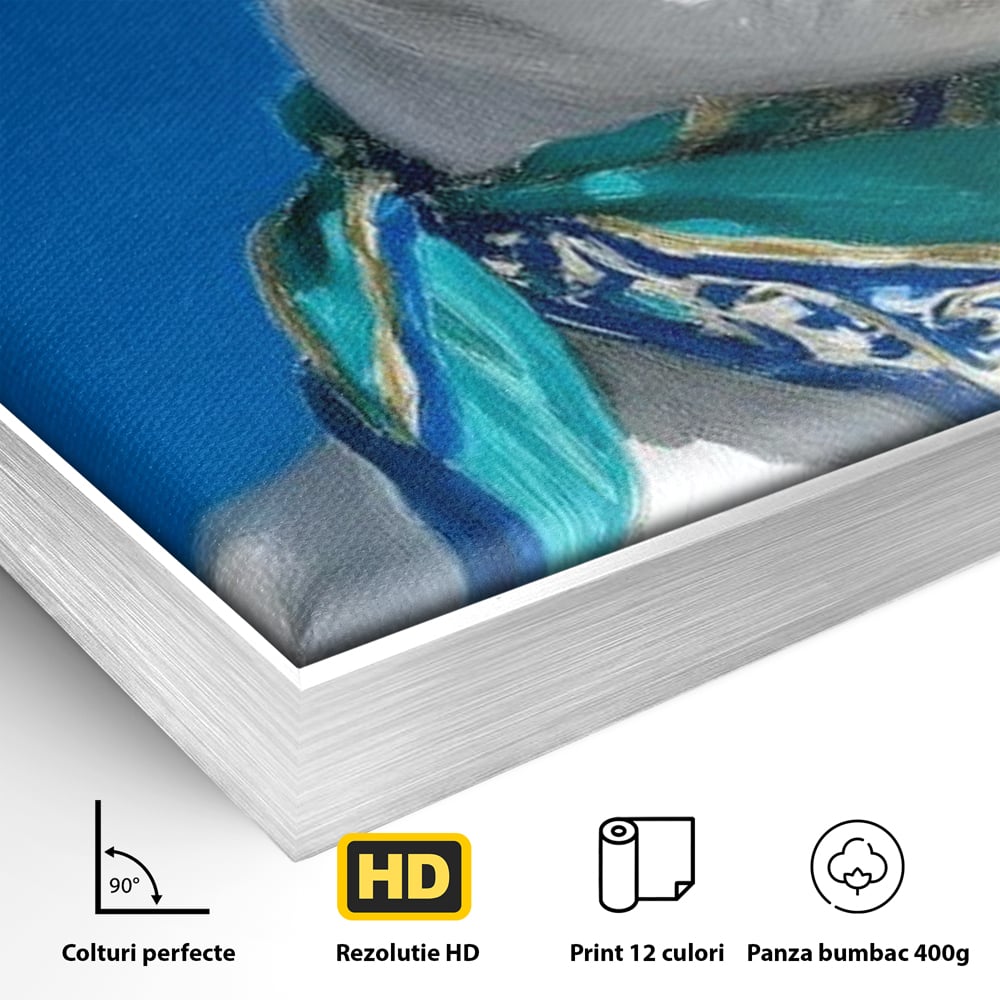 Tablou Canvas Premium, LuxCanva® M1291, Calatorul cu Esarfa, Caine, Alb, Simplitate, Mediteran, Azur, Esarfa, Patruped, Dragalas, Pufos, Pictura, Moda, Birou, Living, Camera Copil