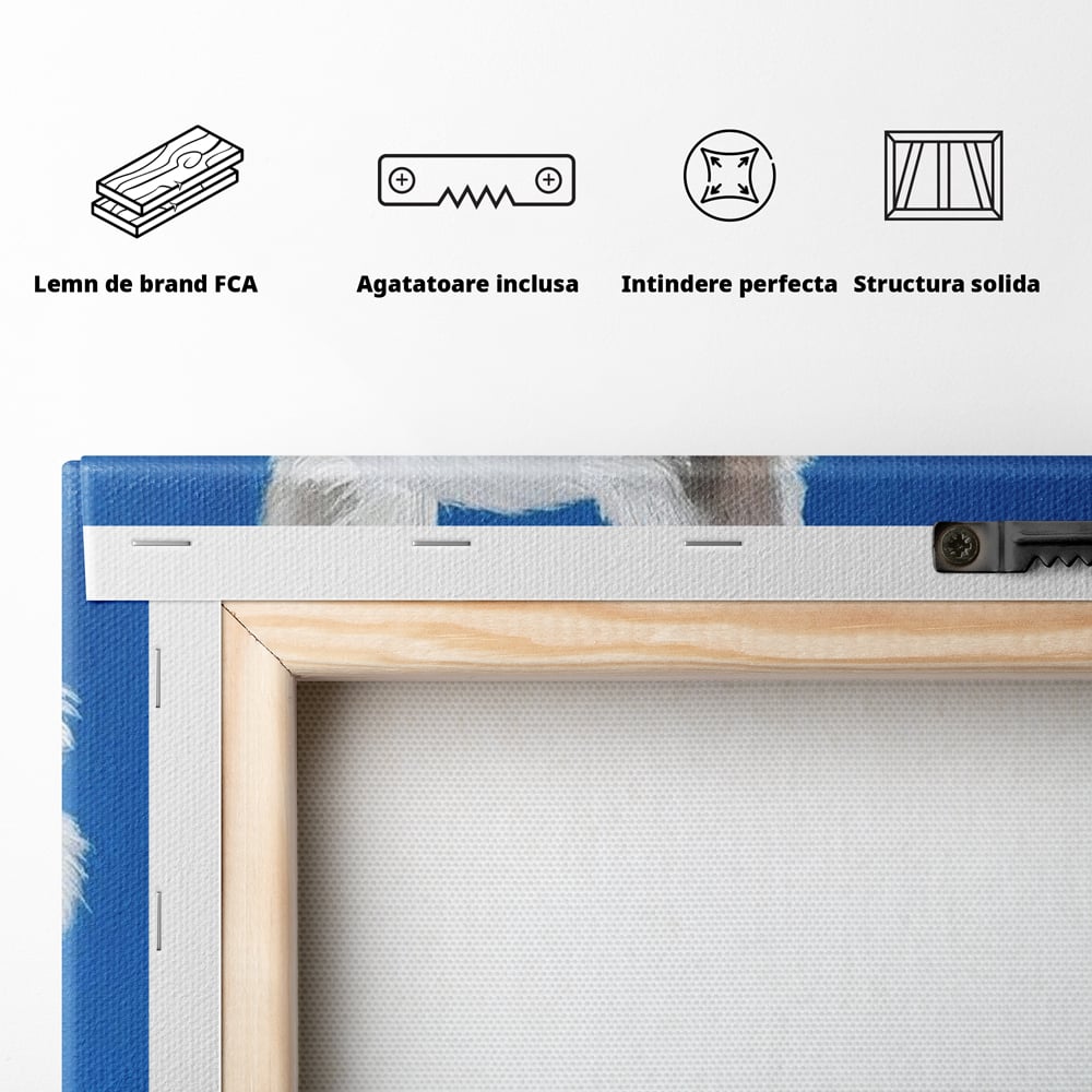Tablou Canvas Premium, LuxCanva® M1291, Calatorul cu Esarfa, Caine, Alb, Simplitate, Mediteran, Azur, Esarfa, Patruped, Dragalas, Pufos, Pictura, Moda, Birou, Living, Camera Copil