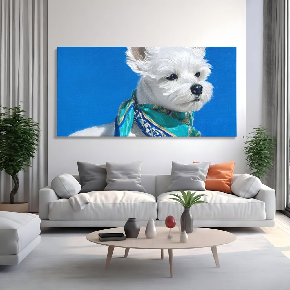 Tablou Canvas Premium, LuxCanva® M1291, Calatorul cu Esarfa, Caine, Alb, Simplitate, Mediteran, Azur, Esarfa, Patruped, Dragalas, Pufos, Pictura, Moda, Birou, Living, Camera Copil