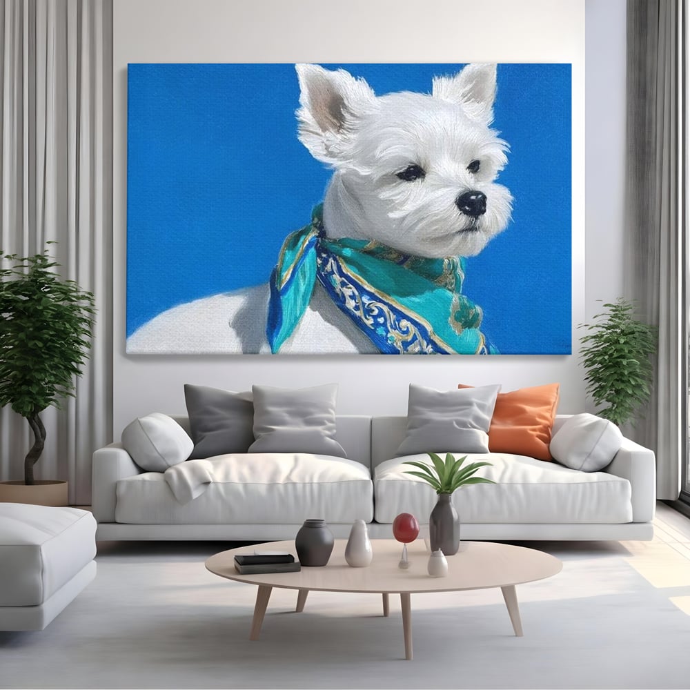 Tablou Canvas Premium, LuxCanva® M1291, Calatorul cu Esarfa, Caine, Alb, Simplitate, Mediteran, Azur, Esarfa, Patruped, Dragalas, Pufos, Pictura, Moda, Birou, Living, Camera Copil