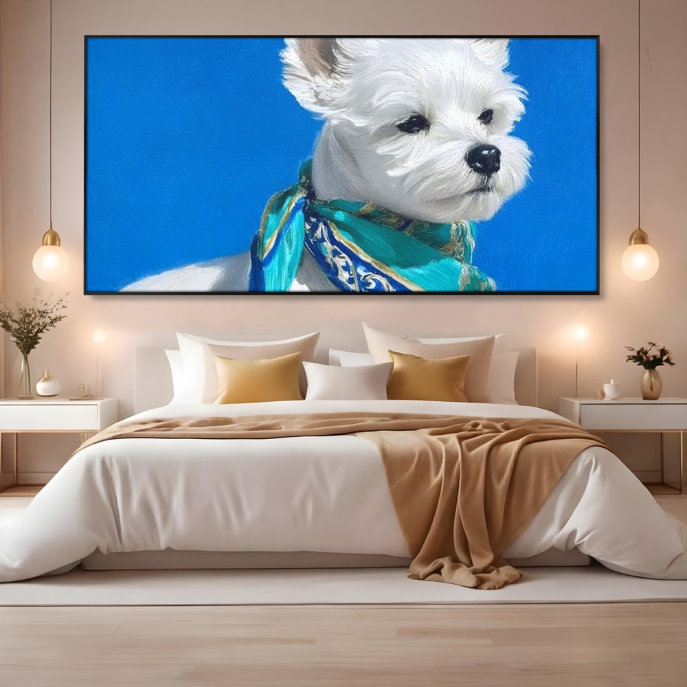 Tablou Canvas Premium, LuxCanva® M1291, Calatorul cu Esarfa, Caine, Alb, Simplitate, Mediteran, Azur, Esarfa, Patruped, Dragalas, Pufos, Pictura, Moda, Birou, Living, Camera Copil