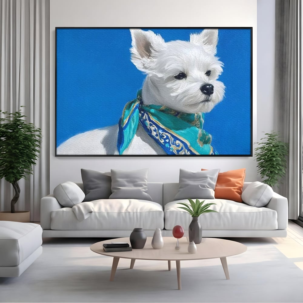 Tablou Canvas Premium, LuxCanva® M1291, Calatorul cu Esarfa, Caine, Alb, Simplitate, Mediteran, Azur, Esarfa, Patruped, Dragalas, Pufos, Pictura, Moda, Birou, Living, Camera Copil