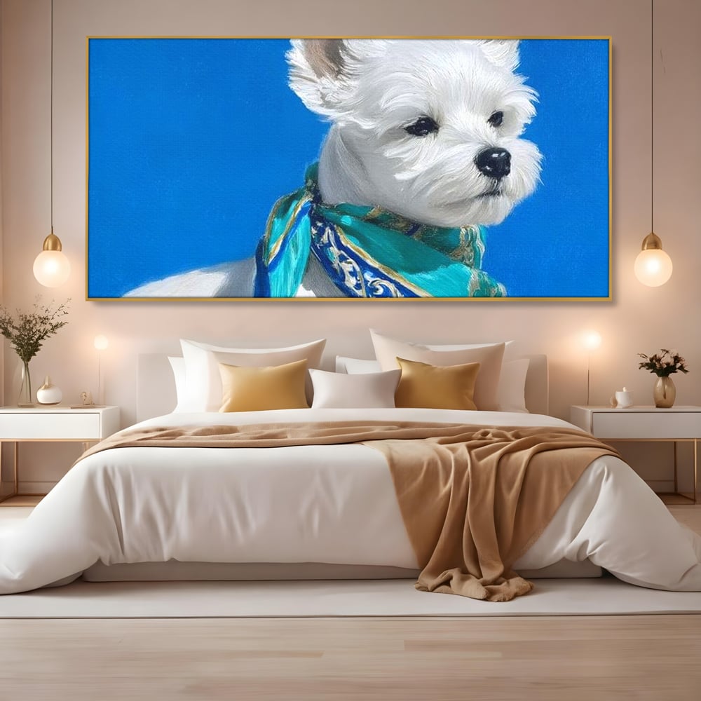 Tablou Canvas Premium, LuxCanva® M1291, Calatorul cu Esarfa, Caine, Alb, Simplitate, Mediteran, Azur, Esarfa, Patruped, Dragalas, Pufos, Pictura, Moda, Birou, Living, Camera Copil
