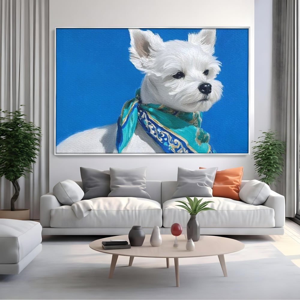 Tablou Canvas Premium, LuxCanva® M1291, Calatorul cu Esarfa, Caine, Alb, Simplitate, Mediteran, Azur, Esarfa, Patruped, Dragalas, Pufos, Pictura, Moda, Birou, Living, Camera Copil