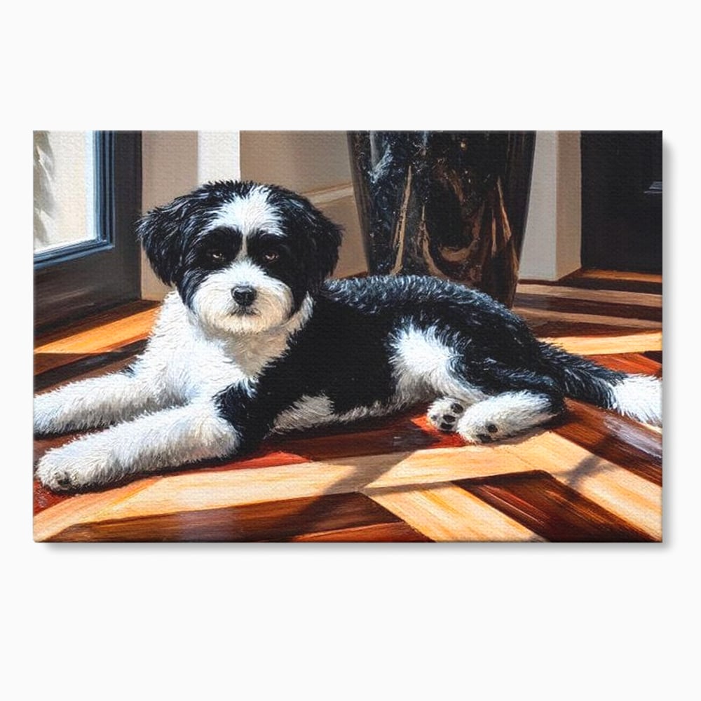 Leinwandbilder Premium, LuxCanva® M1292, Sonnenschein, Parkett, Holz, Licht, Sonne, Hund, häuslich, Schatten, Fenster, rustikal, innen, Büro, Wohnen, Wohnzimmer, Kinderzimmer
