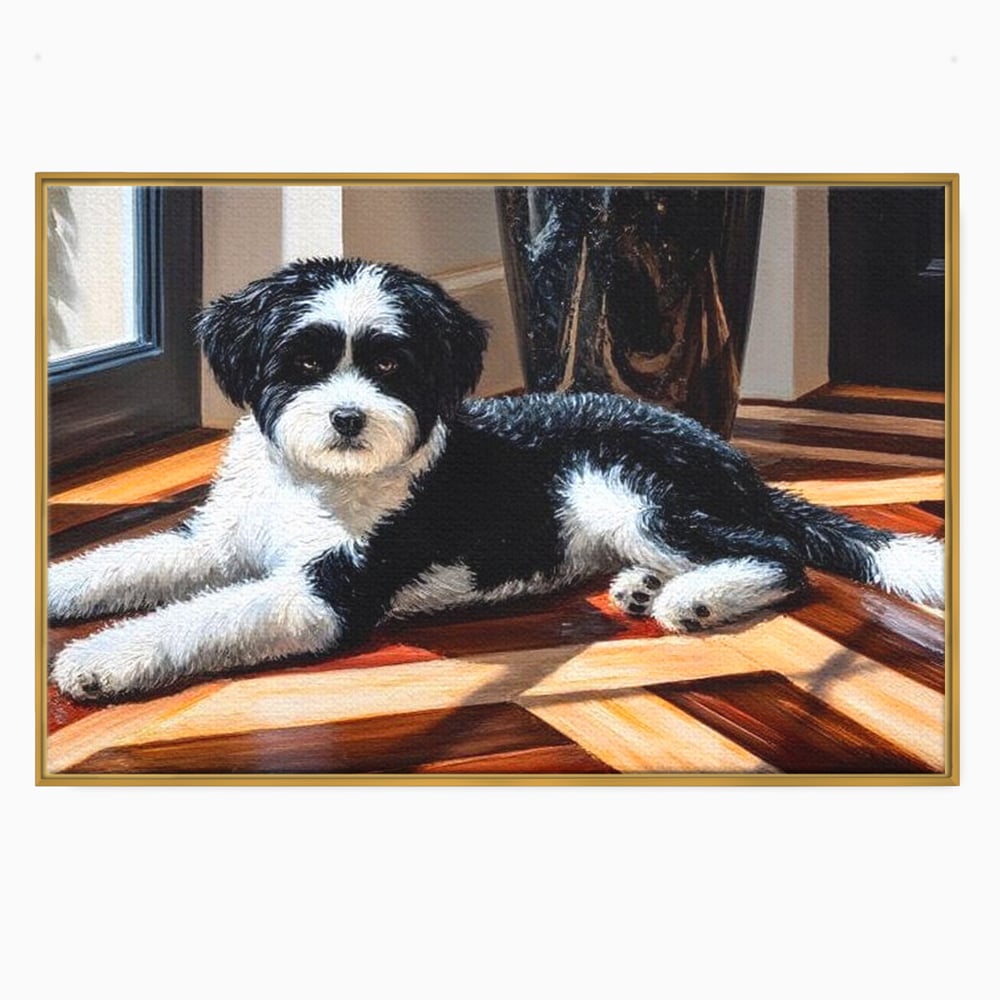 Leinwandbilder Premium, LuxCanva® M1292, Sonnenschein, Parkett, Holz, Licht, Sonne, Hund, häuslich, Schatten, Fenster, rustikal, innen, Büro, Wohnen, Wohnzimmer, Kinderzimmer
